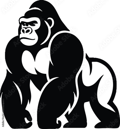 Bold Black and White Gorilla Vector Illustration, Ape Strength and Leadership Graphic, Minimalist Primate Power Silhouette, vector, illustration, silhouette.