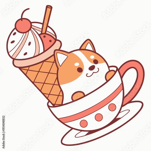 Creative SVG: Shy Akita with in a teacup in a Scoops & Swirls colored Ice cream party theme