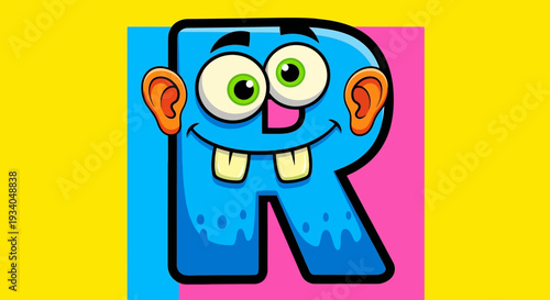 A cartoon letter R with a face and large eyes on a colorful background viewed straight
