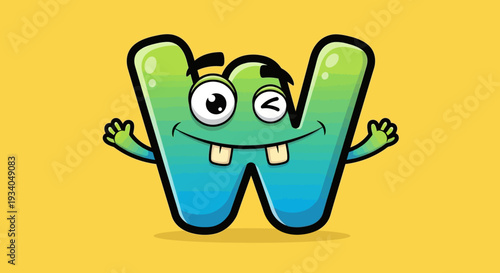 A happy green cartoon letter W character with large eyes and arms outstretched on yellow