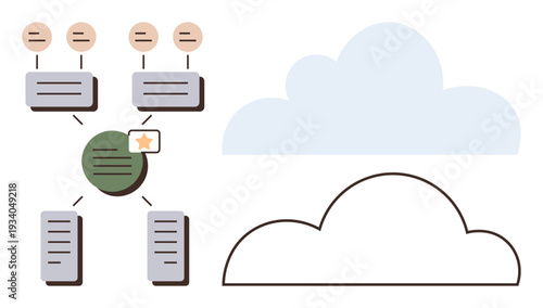 Data storage, cloud computing, technology systems, digital networks, information processing, and connectivity solutions. Diagram shows data nodes and clouds interconnected. Cloud computing and data