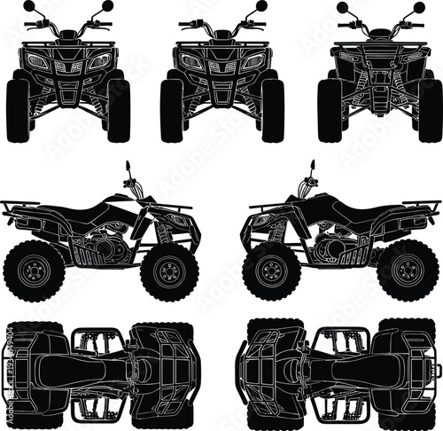 Black silhouettes of all-terrain vehicles shown from multiple perspectives including front, side, and top views, highlighting ATV design variations for technical, artistic