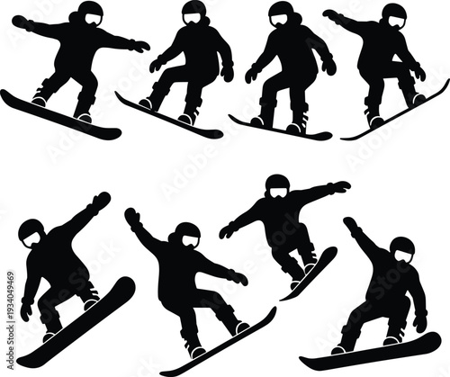 Black silhouettes of snowboarder performing aerial tricks and dynamic stunts in winter gear, showcasing extreme sports movement, balance, and freestyle action for athletic, artistic, 