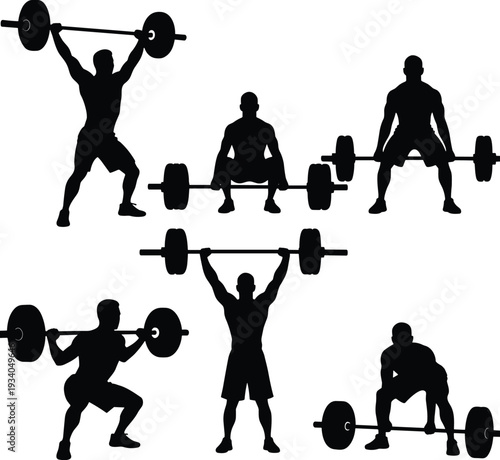 Black silhouette illustration of six athletes performing barbell weightlifting exercises, including squat, deadlift, and overhead press, strength training artwork concept for fitness, gym