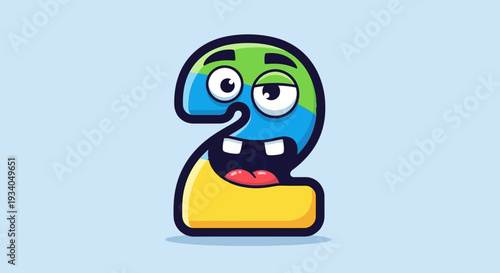 A cartoon number two with a face and globe pattern on a light blue background illustration