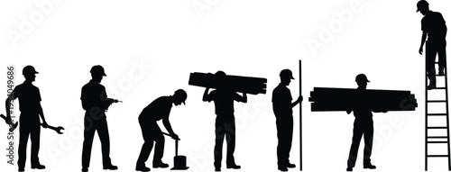 Black silhouette illustration of seven construction workers performing various tasks with tools, ladders, and materials, teamwork labor concept artwork for industrial building and construction themes