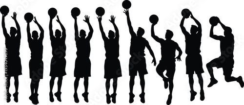 Black silhouette illustration of basketball player performing jump shot sequence, showing dynamic motion progression, athletic technique, sports training concept artwork for recreation, competition, 