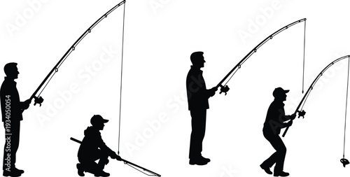 Black silhouette illustration of two pairs of people fishing with rods, dynamic posture, teamwork, sport activity, outdoor nature scene, isolated design artwork concept