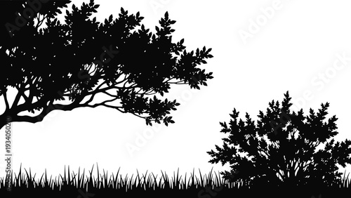 Black silhouette illustration of natural landscape with large tree, dense bush, and tall grass, isolated design artwork concept for nature, vegetation, botanical, and environmental themes