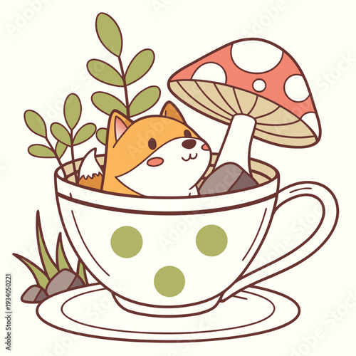 Cute SVG of a Bashful Akita in Whimsy Woods colors, featuring in a teacup in a Fairy forest setting