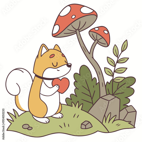 An adorable Akita with a Bashful vibe, holding a heart, and a Whimsy Woods Fairy forest theme – SVG style