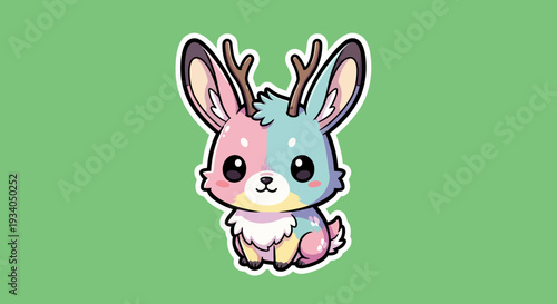 Adorable cartoon rabbit with deer antlers sitting alone on a green background viewed from front