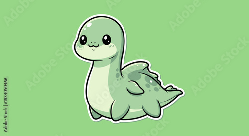 Cute cartoon dinosaur sitting alone on green background viewed from the side