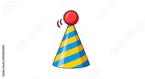 A cheerful birthday party hat with a red pom-pom on top and colorful stripes isolated on transparent background