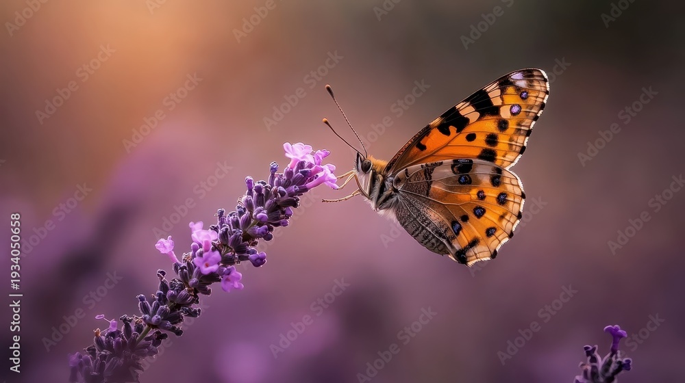 Obraz premium A vibrant butterfly perched delicately on a blooming lavender flower, showcasing the beauty of nature and the intricate patterns of its wings in warm sunlight.