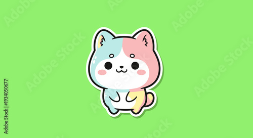 Cute cartoon cat character illustration on green background viewed from front