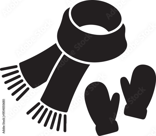Black scarf and mittens on white background winter clothing