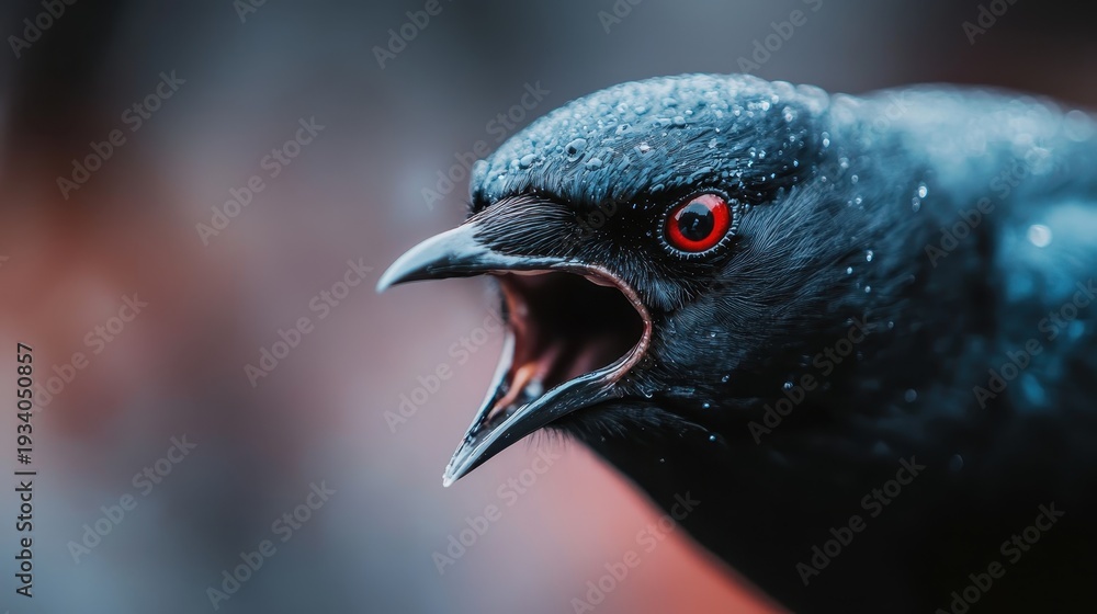 Fototapeta premium An intense close-up of a raven showcasing its vivid red eyes and sleek feathers, capturing the raw beauty and fierce nature of this majestic bird.
