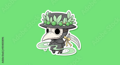 A cartoon plague doctor illustration with leaves and flowers on a green background