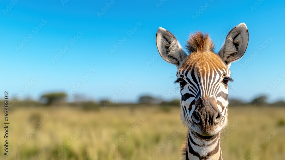 Fototapeta premium A close-up portrait of a zebra in a picturesque landscape, emphasizing its unique patterns and gentle gaze, representing the beauty and diversity of wildlife.