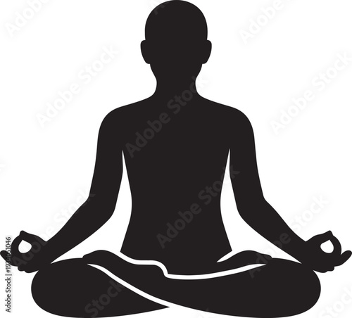 Peaceful person sitting in lotus pose meditating for zen and relaxation yoga silhouette vector icon design