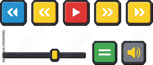 Pixel art user interface UI video player buttons set including play, pause, fast forward, rewind, volume slider, and speaker icons in colorful gaming style.
