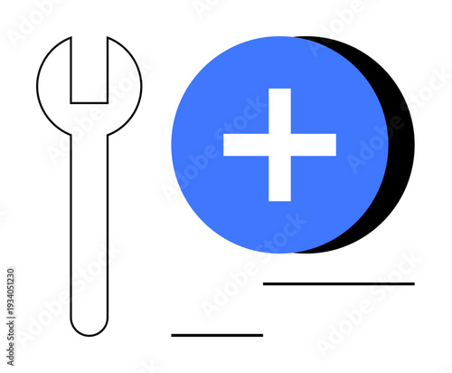 Repair concept. A wrench and a circle with a plus symbol tools and solutions in repair concepts. Repair systems for mechanics, healthcare, technology, and industrial design