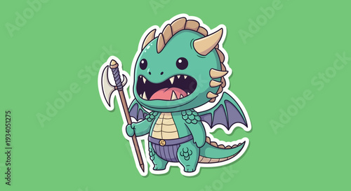 A cartoon dragon with a spear, standing in a simple green background, viewed from the front with a playful expression