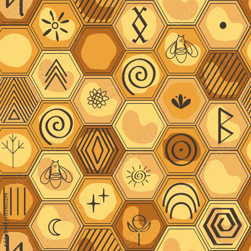 Honeycomb seamless pattern. Bee honey combs decorated doodle ancient and tribal symbols background. Organic and wild honey concept. Vector hand drawn illustration.