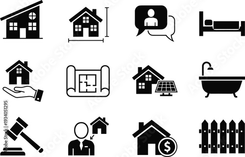 Set of black real estate icons including house blueprints solar panels bed bathtub fence auction gavel agent and financial symbols for property development and sales.