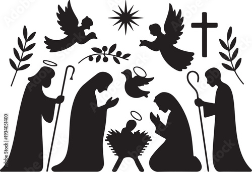 Black silhouette nativity scene with angels and star
