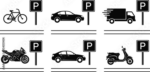 Black silhouette vector icons of transportation vehicles including bicycle, sedan car, delivery truck, motorcycle, and scooter parked by road signs for urban parking concept.