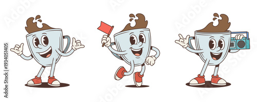 A fun coffee cup cartoon character mascot set. Vector illustration in a vintage comic style. Poses include a shaka sign, running with a flag, and rocking with a boombox. Ideal for cafe branding