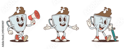 A set of an active coffee cup cartoon character mascot. Vector illustration in a retro comic style. Poses include shouting with a megaphone, a welcoming gesture, and winking with a skateboard