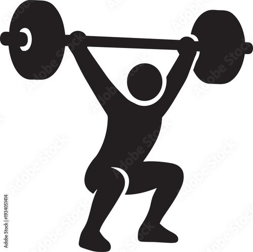 Powerlifter completing overhead snatch lift with heavy barbell gym strength training silhouette icon vector flat illustration