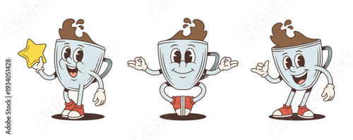 A set of a coffee cup cartoon character mascot. Vector illustration in a retro comic style. Poses include holding a star, meditating in a yoga pose, and making a shaka hand gesture