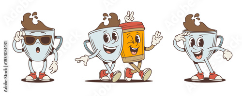 A set of a coffee cup cartoon character mascot. Vector illustration in a retro comic style. Poses include being surprised, walking with a friend, and saluting with a happy smile