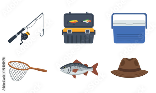 Fishing Equipment Collection: Rod, Tackle Box, Cooler, Net, Fish & Hat Icons