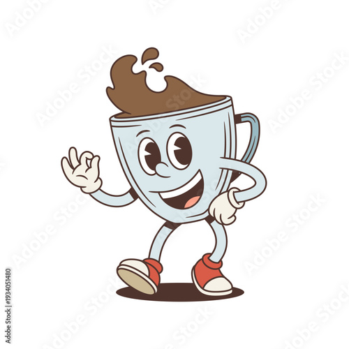 Coffee cup mascot shows an OK hand sign. Funny comic personage in groovy retro style. Isolated cartoon character vector illustration for a cafe menu or a quality sticker. Amusing character