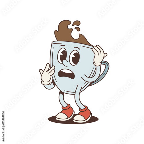 Scared coffee cup mascot makes a finger gun gesture. Groovy retro comic personage. Isolated cartoon character vector illustration for a sticker or a meme about stress and burnout