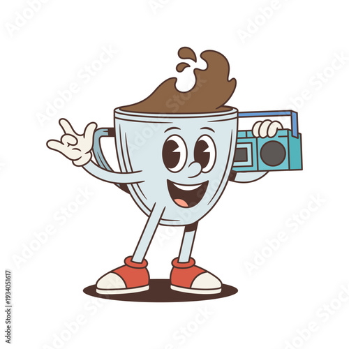 Cool coffee cup mascot with a boombox shows a rock gesture. Groovy retro comic personage. Isolated cartoon character vector illustration for a music party poster or a sticker design