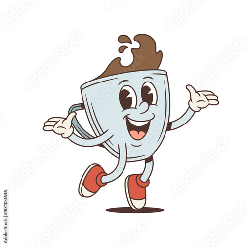 Smiling coffee cup mascot makes a welcoming gesture. Friendly groovy retro comic personage. Isolated cartoon character vector illustration for a cheerful sticker or a positive cafe menu design