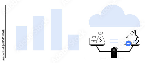 Financial growth. Financial growth linked to bar chart and balance scale signifying work-life balance. Financial growth with money, house, and career. For finance, work-life, investment, lifestyle