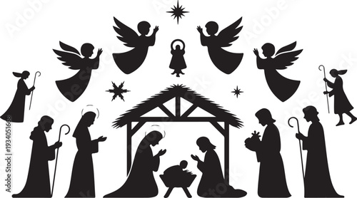 Black silhouette nativity scene with people angels and stars