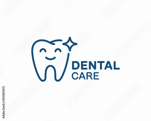 A stylized blue tooth with a smiling face and a star on next to the text Dental Care