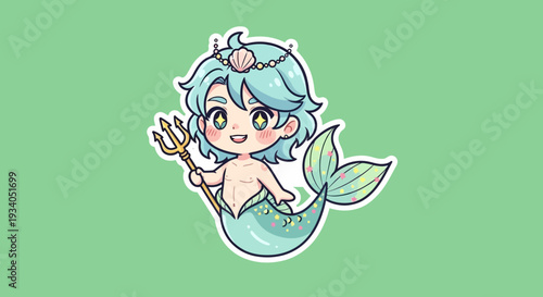 Cartoon mermaid girl holding trident, illustration of mythical sea creature, underwater scene depicted