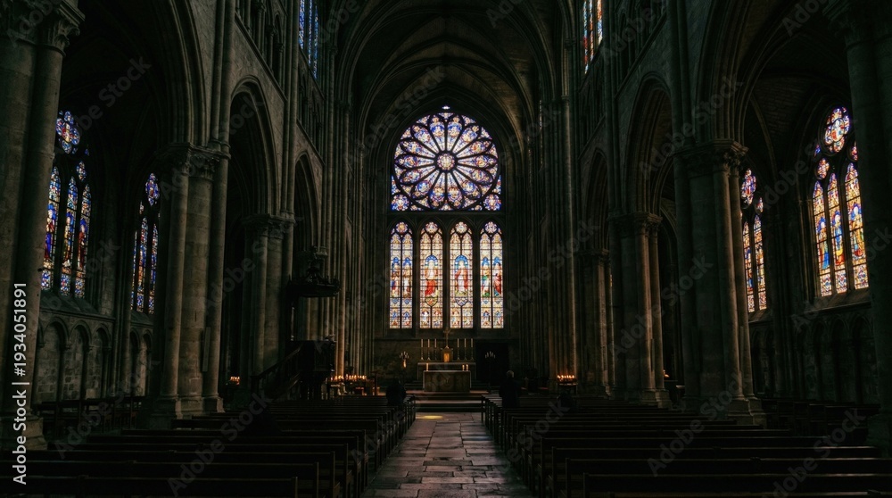 Obraz premium Majestic Gothic Cathedral Interior with Colorful Stained Glass Windows and Altar