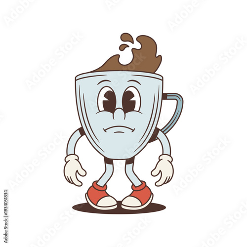 Disappointed coffee cup mascot with a sad face. Groovy retro comic personage. Isolated cartoon character vector illustration for a bad mood concept. Unhappy emotion for a negative experience