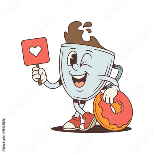 Winking coffee cup mascot holds a heart sign and leans on a donut. Groovy retro comic personage. Isolated cartoon character vector illustration for a love concept. Sweet mood for a delicious breakfast
