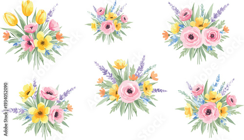 Minimalist floral bouquet vector set featuring rose tulip and lavender sprigs in clean hand drawn monolinear line art style for wedding invitations